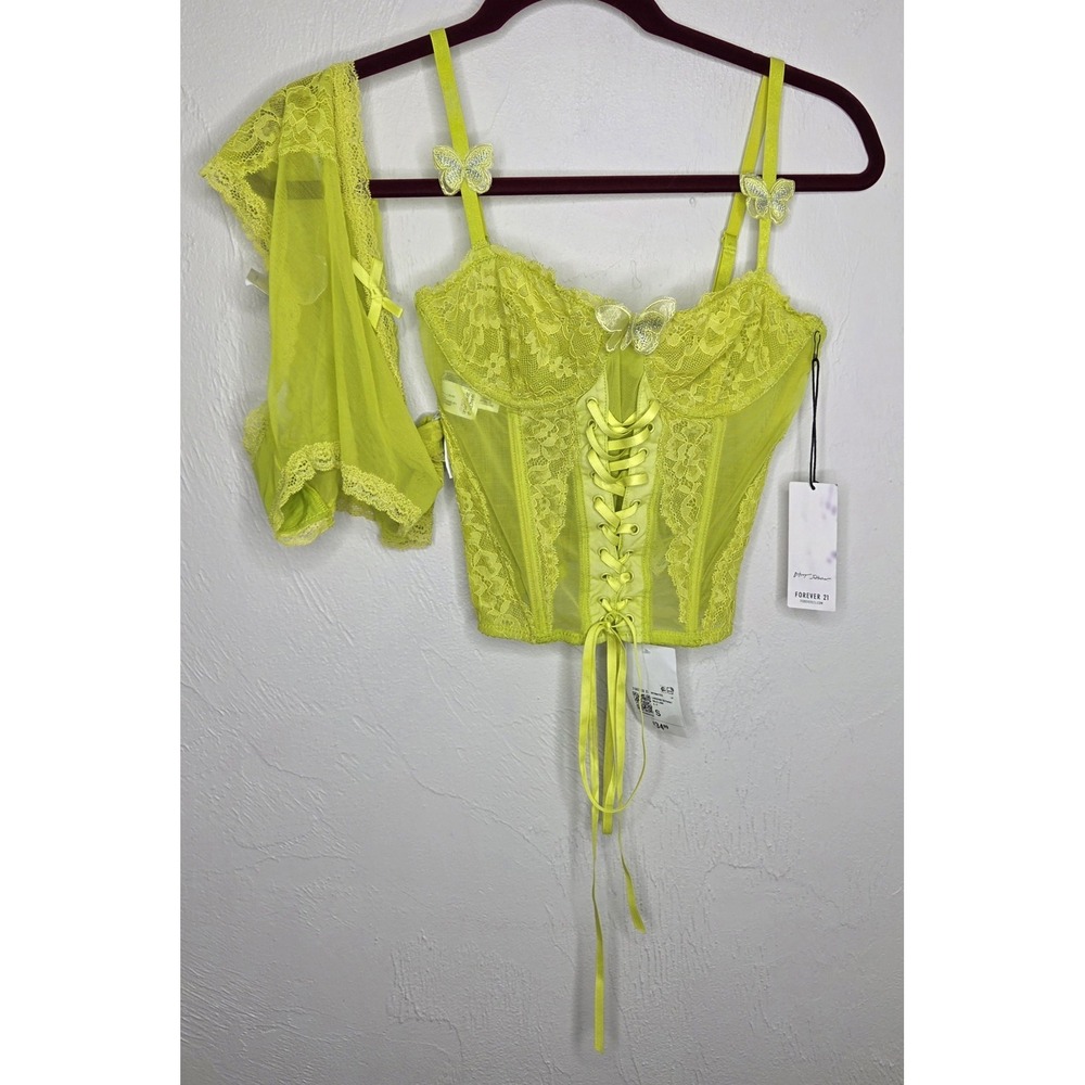 NEW*Betsey Johnson x Forever 21 Lime Green Lace Corset Two Piece Underwear Small